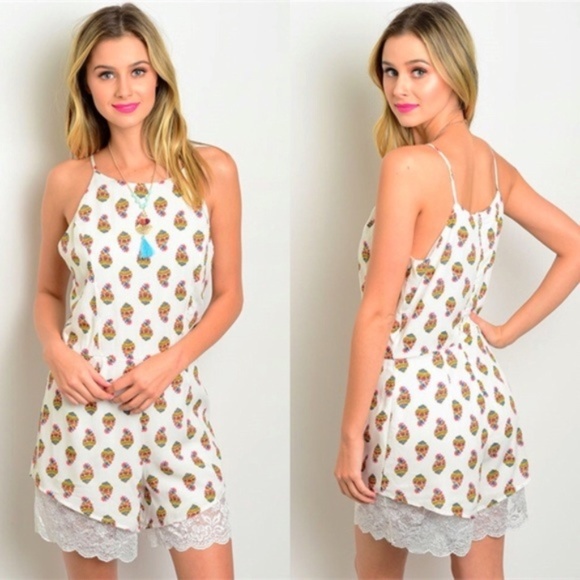 Pants - White Scallop Lace Spaghetti Strap Romper